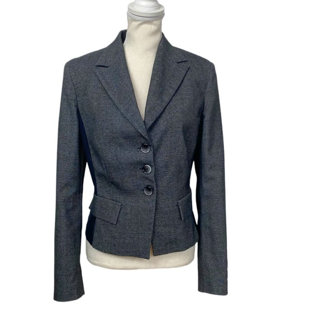 SANDRO FERRONE GREY PLAID BLACK SHEER MESH COMBO PEAK LAPEL BLAZER - S